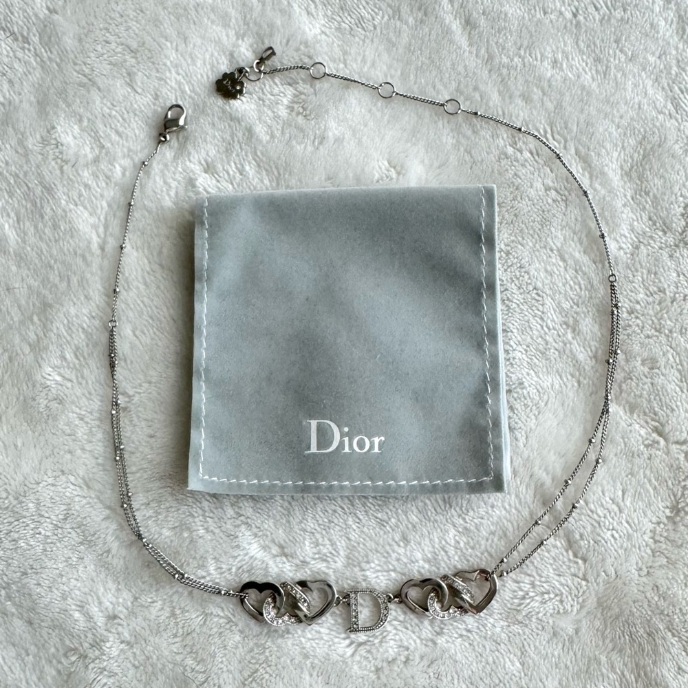 Dior Silver Heart-Link Necklace with Center D Charm